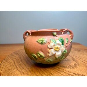 Roseville Pottery White Rose Jardiniere, Shape 653-4, Coral/Pink